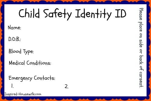 Car Seat Child Safety ID Card