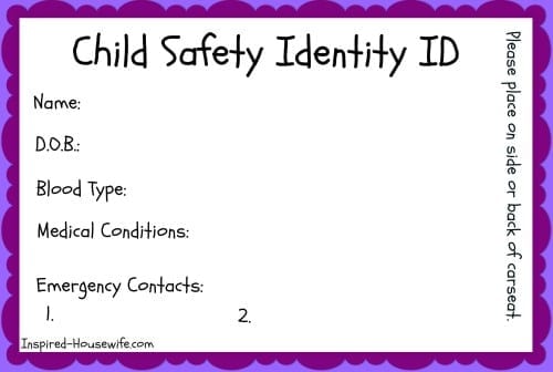 Car Seat Child Safety ID Card